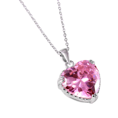 Lhn00731 Sterling Silver Heart Necklace Pink Cz