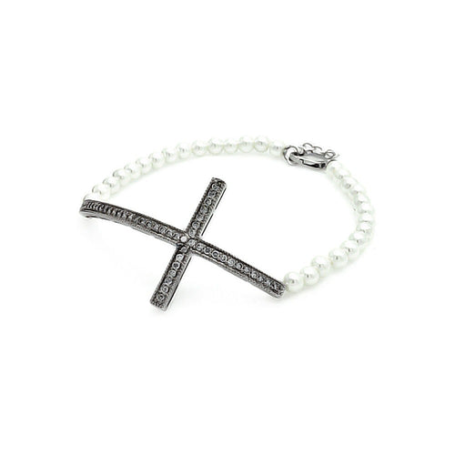 Lhbr0089 Sterling Silver Cross and Pearl Bracelet