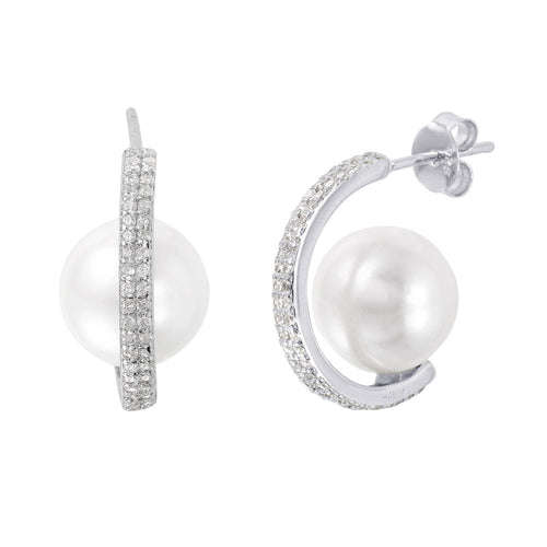 Lhe01005 Sterling Silver Earring Cz Half Hoop & Pearl