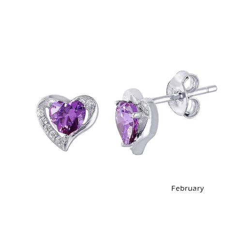 Lhe01028 Sterling Silver Heart Earring Amethyst Cz February Birthstone