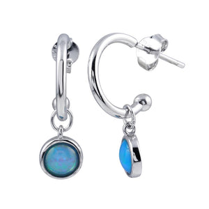 Lhe012239Blue Sterling Silver Hoop Blue Opal Round Dangle