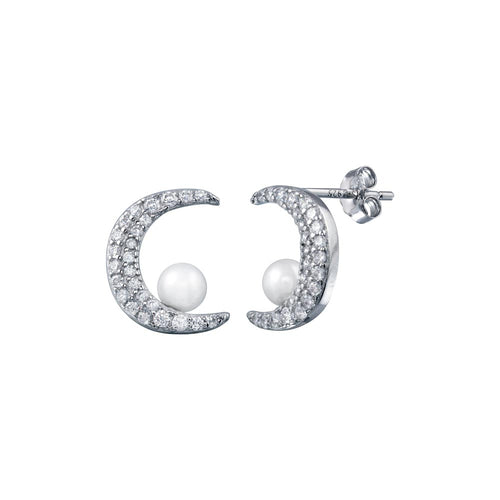 Lhe01303 Sterling Silver Earring Crescent Moon Cz  with pearl