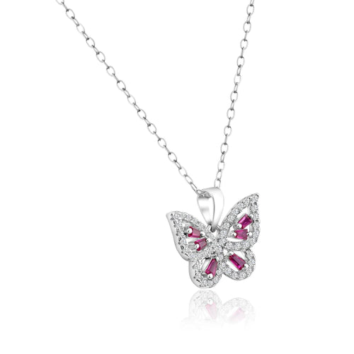 Lhp014539* Sterling Silver Necklace Butterfly Garnet Cz Stones