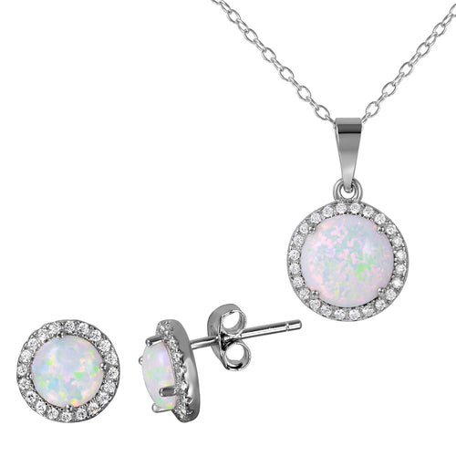 Lhset04699 Sterling Silver Set Synthetic Round Opal With Cz Stones