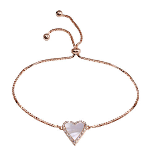 Lhb0584 Sterling Silver Rose Gold Plated Heart Mother of Pearl Bracelet Adjustable