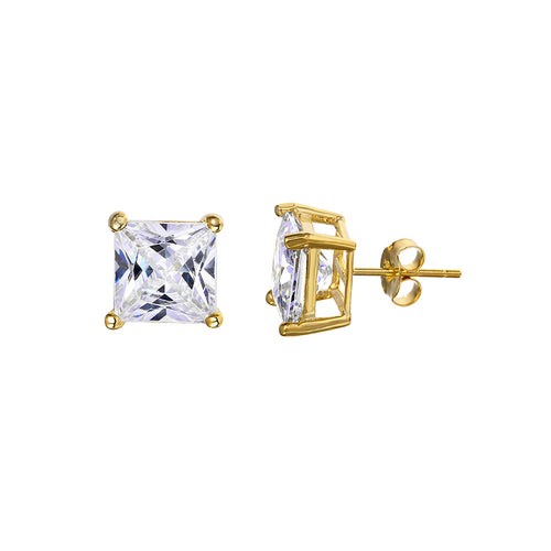 Lhe05059 8MM Sterling Silver Studs Square Gold PLated Basket Setting  Cz stone