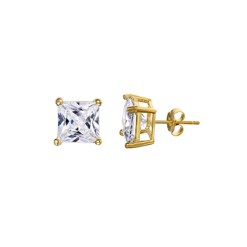 Lhe06919 7MM Sterling Silver Studs Square Gold Plated Basket Setting Cz stone