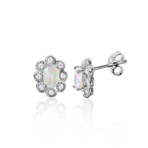 Lhe01038 Sterling Silver Oval Synthetic Opal Flower  Cz earrings
