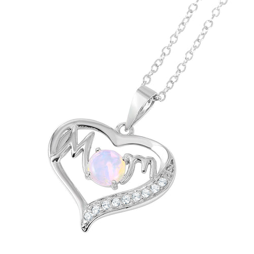 lhp01054 Sterling Silver Necklace  Heart Mom and Synthetic Opal