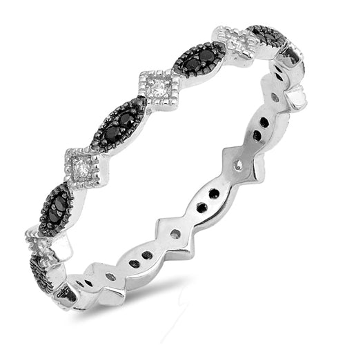 Lhr1063189 Sterling Silver Ring Band Black & Clear Cz Stones