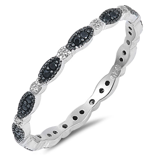 Lhr1063199 Sterling Silver Band Ring Black & Clear Cz Stones