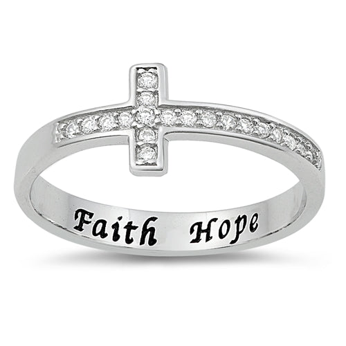 Lhr1067319 Sterling Silver Cross Ring Cz Stones  FAITH HOPE