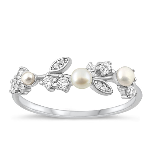 Lhr1071029 Sterling Silver Ring Leaf  Cz & Pearl