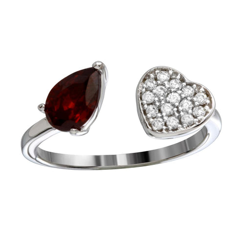 Lhr1190 Sterling Silver Heart and Pear Shape Garnet Cz wrap ring