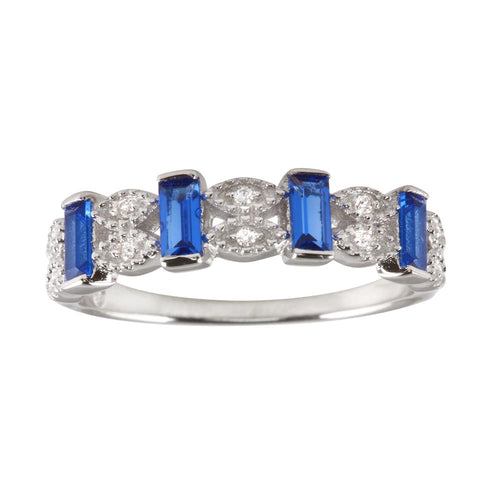 Lhr1223blue Sterling Silver Blue Sapphire Cz Rectangle Stones Band Ring