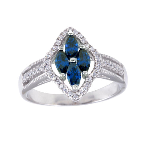 Lhr01253Blue Sterling Silver Ring Sapphire Blue  Baguette Cz