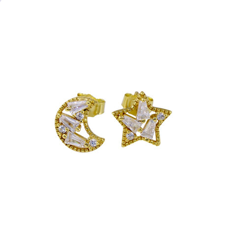 Lhe01271 Sterling Silver Gold Plated Star and Moon Cz