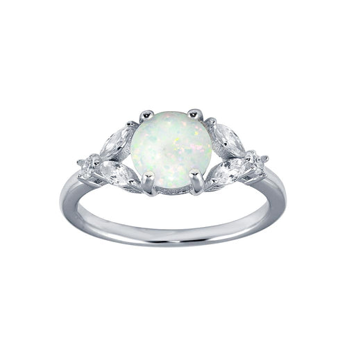 Lhr01290 Sterling Silver Ring Round Opal Marquis Cz