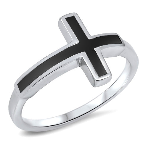 Lhr1306709 Sterling Silver Cross Ring Onyx Inlay