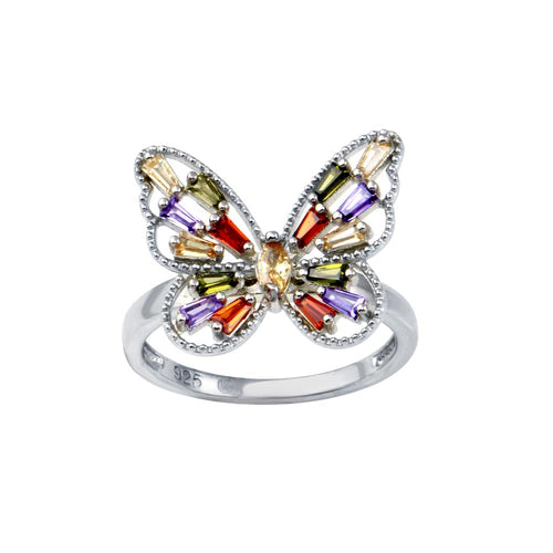 Lhr013459 Sterling Silver Ring Butterfly Multi Color Cz Stones