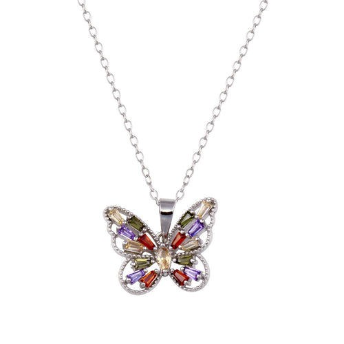 Lhp014379 Sterling Silver Butterfly Necklace Multi Color Cz