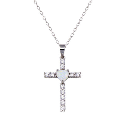Lhp01438* Sterling Silver Cross Necklace Heart Synthetic Opal