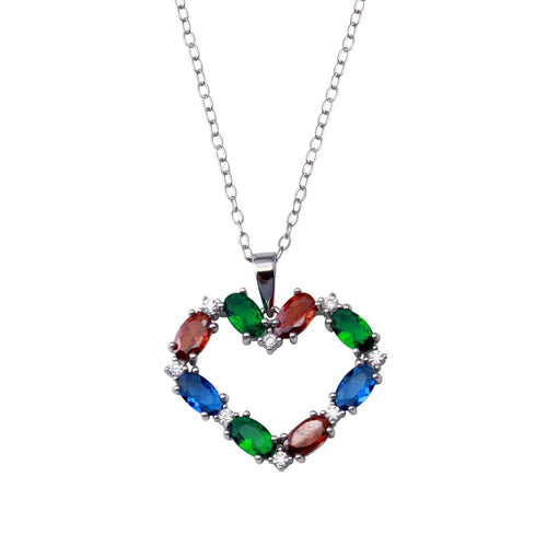 Lhp014429 Sterling Silver Heart Necklace Multi Color Cz Stones