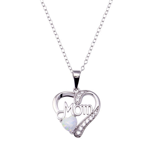 Lhn014459 Sterling Silver Necklace Heart Mom & Synthetic Opal Stone