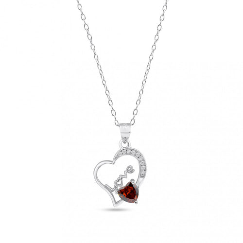 Lhn14499 Sterling Silver Necklace Heart Love Red Garnet cz Stone