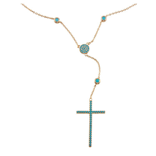 Lhp01513RG Sterling Silver Cross  Rosary  Rose Gold Plated Blue Stone