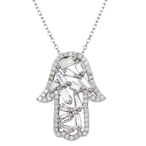 Lhp16696 Sterling Silver Necklace Hamsa Cz Baguette