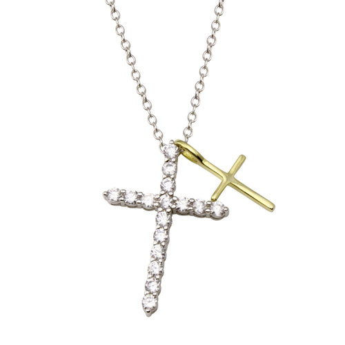 Lhp01835 Sterling Silver Cross Necklace Cz and Gold Plated Dangle Cross