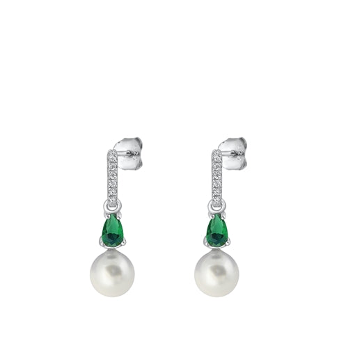 Lhe4116599 Sterling Silver Earring Pearl & Cz Green Emerald Drop