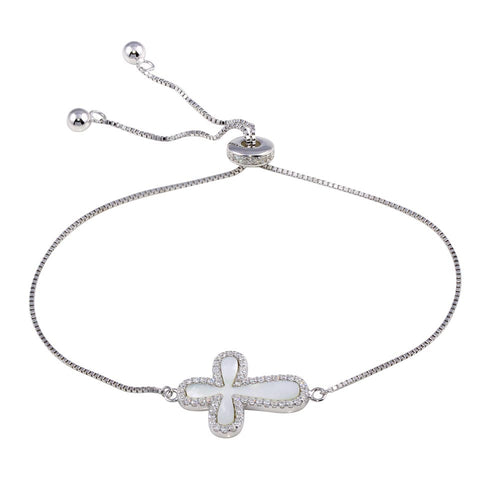 Lhbr00575 Sterling Silver Mother Of Pearl Cross Bracelet with Cz stones Adustable 9''