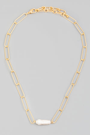 Lhn64299  Fashion Necklace Gold Paper Clip Pearl Center