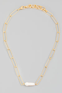 Lhn64299  Fashion Necklace Gold Paper Clip Pearl Center