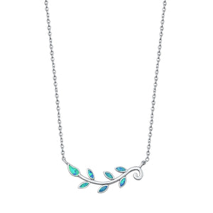 Lhn7110679blue Sterling Silver Blue Lab Opal Leaf Necklace