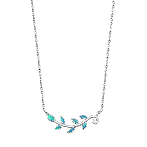 Lhn7110679blue Sterling Silver Blue Lab Opal Leaf Necklace