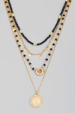 Lhn82449 Fashion Necklace Multi Layered  Chains Black Beads & Disk