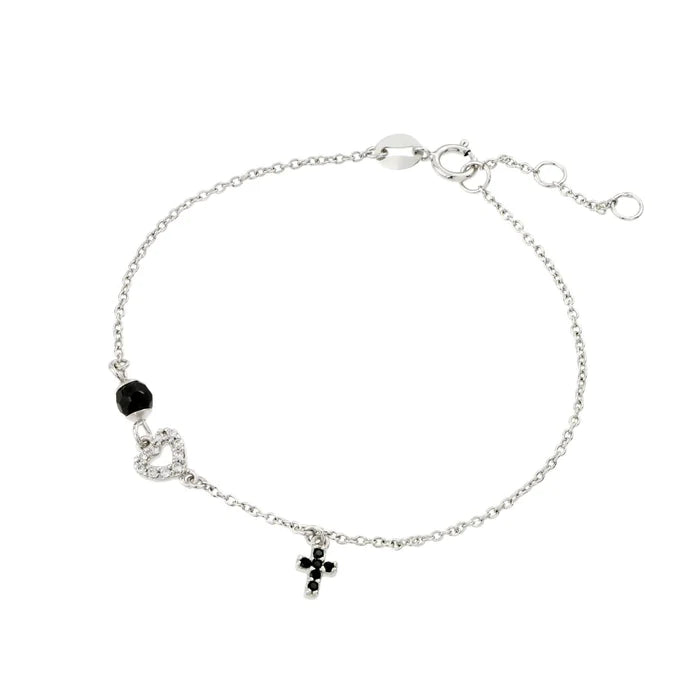 Lhb002269 Sterling Silver Bracelet Heart and Jet Black Cross Dangle