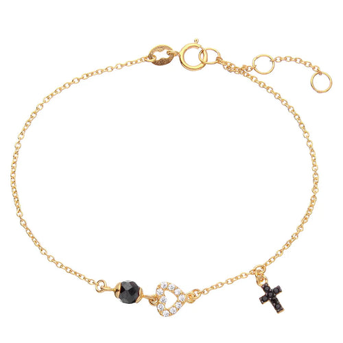 Lhb002799 Sterling Silver Bracelet Gold Plated Black Stone Cross Charm