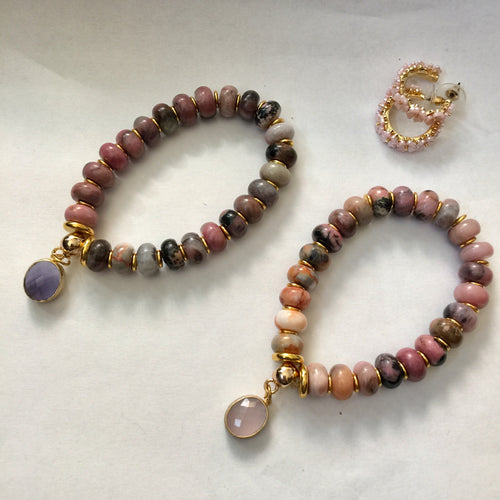 Lhb0099 Real Stone Bracelet Rhodonite Lavender rop & pink Drop