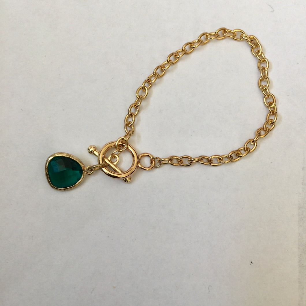 Lhb0106 Fashion Gold Toggle Bracelet Emerald Crystal Drop