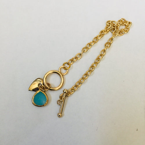 Lhb0108 Fashion Gold Toggle Bracelet Heart & Turquoise Crystal Drop