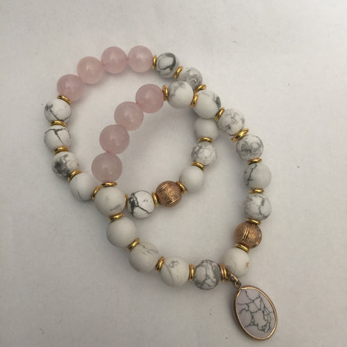 Lhb0149 Real Stone Bracelets Sets White Howalite & Rose Quartz