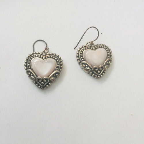 Lhe0253 Sterling Silver Earring Heart Shape Mother of Pearl Etched Silver