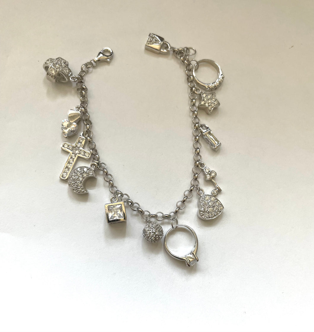 Lhb0447 Sterling Silver Charm Bracelet Cubic Zirconia