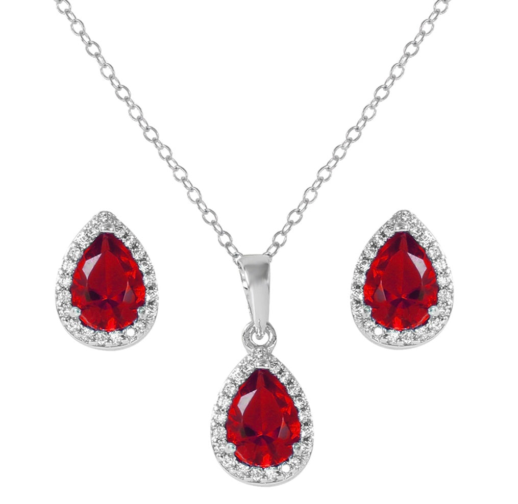 Lhset004419 Set July Sterling Silver Set Tear Drop Ruby Cz