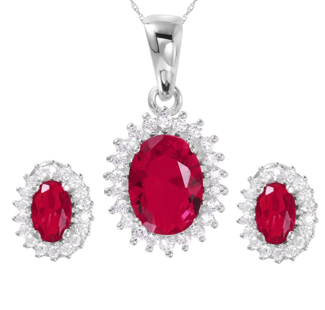 Lhset000219 Set  July Sterling Silver Set Oval Ruby Cz