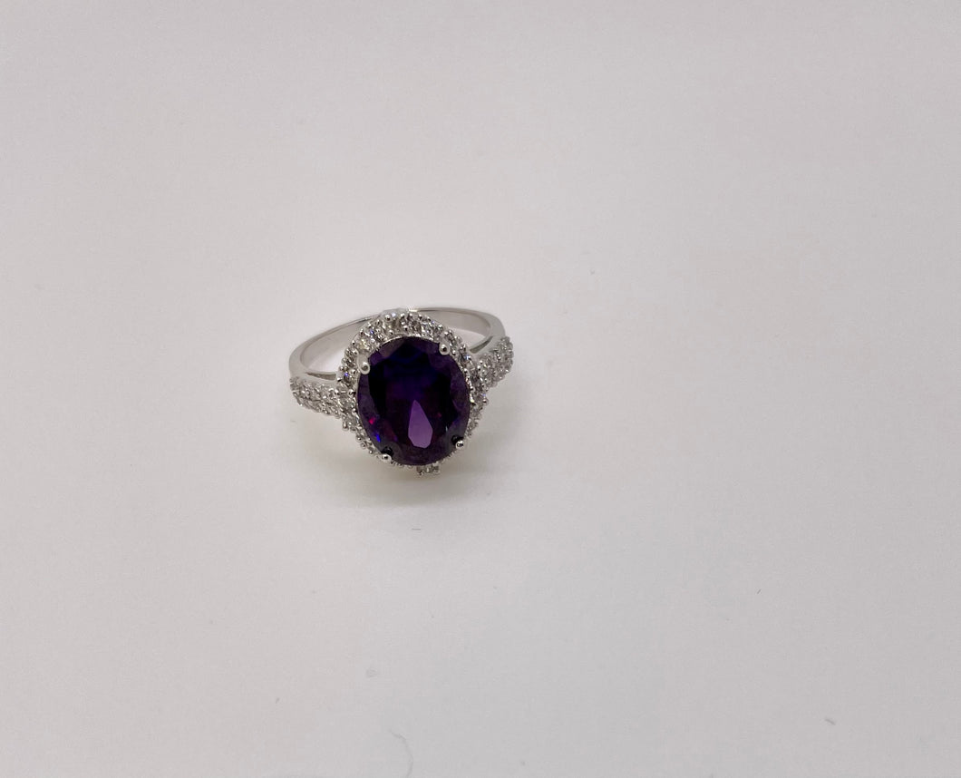 Lhr3972 Sterling Silver Ring Amethyst Cz Oval